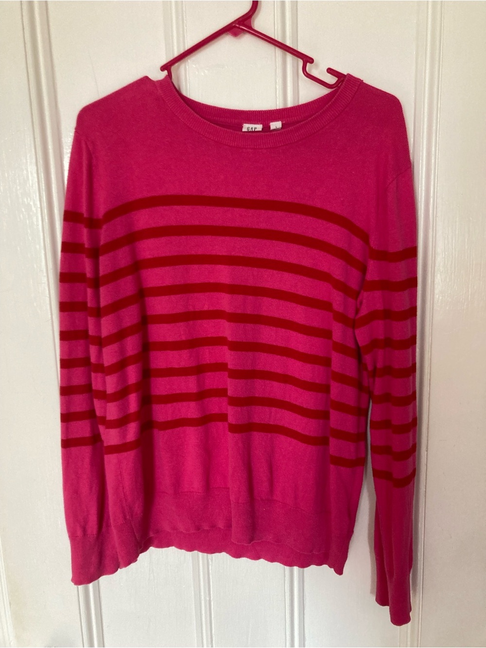 GAP Pink and Red Striped Cotton Crewneck Sweater